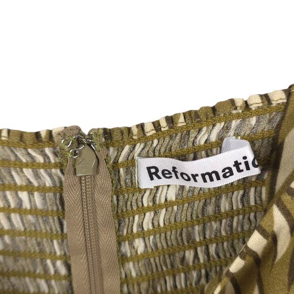 Reformation Peyton Dress Green Geometric Long Sleeve Midi Boho Smocked - Picture 8 of 11